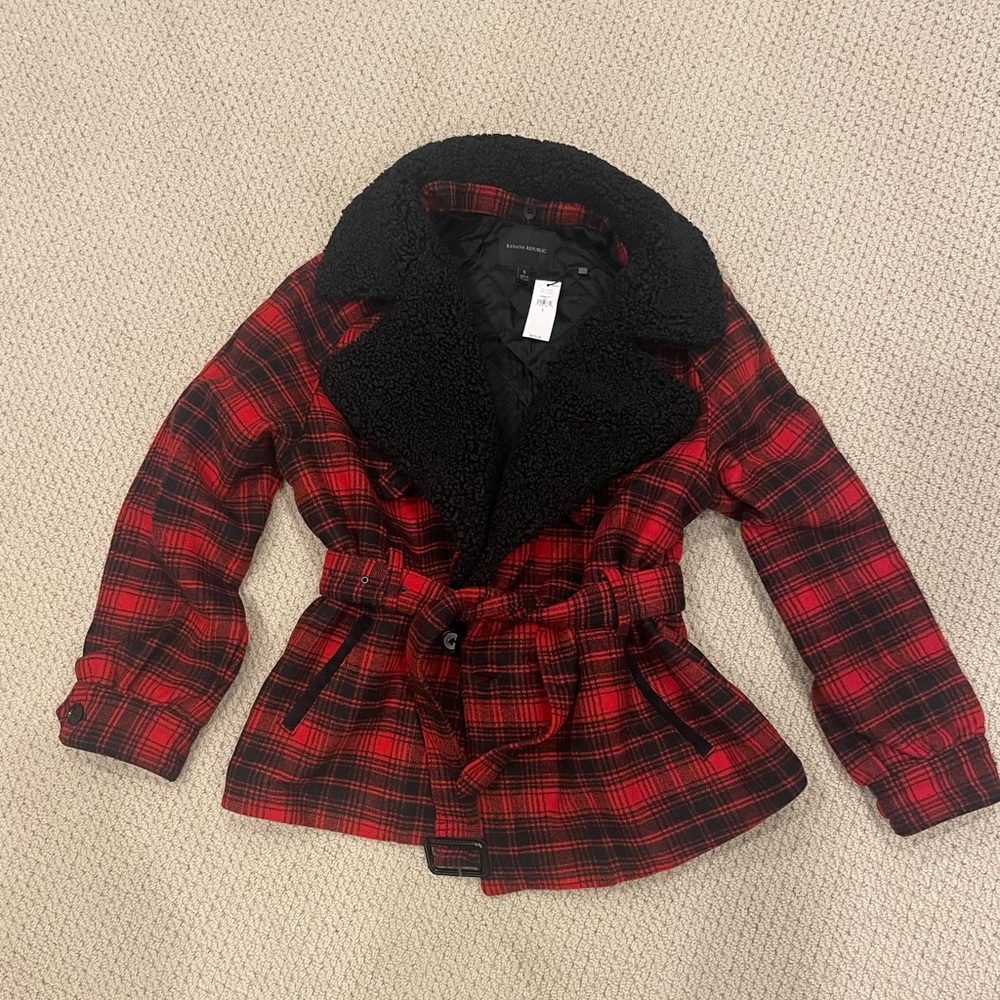 Banana Republic Buffalo Plaid Jacket with Detachable Faux Fur Collar